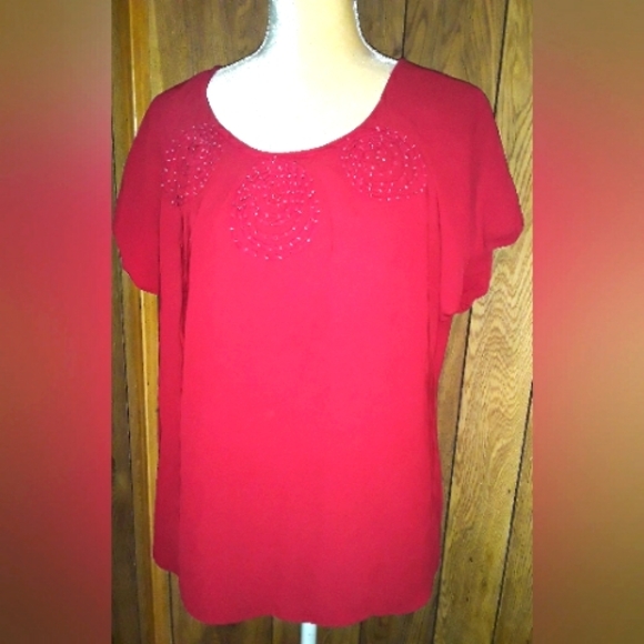 Womans Red Large APOSTROPHE Floral Design Blouse Loosefit Midsleeved Top - Picture 1 of 4